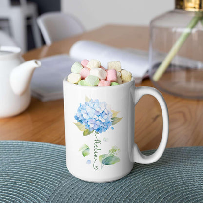 Custom Hydrangea Blossom Design Mug, Personalized Name Blue Flower Coffee Cup, Customized Flower