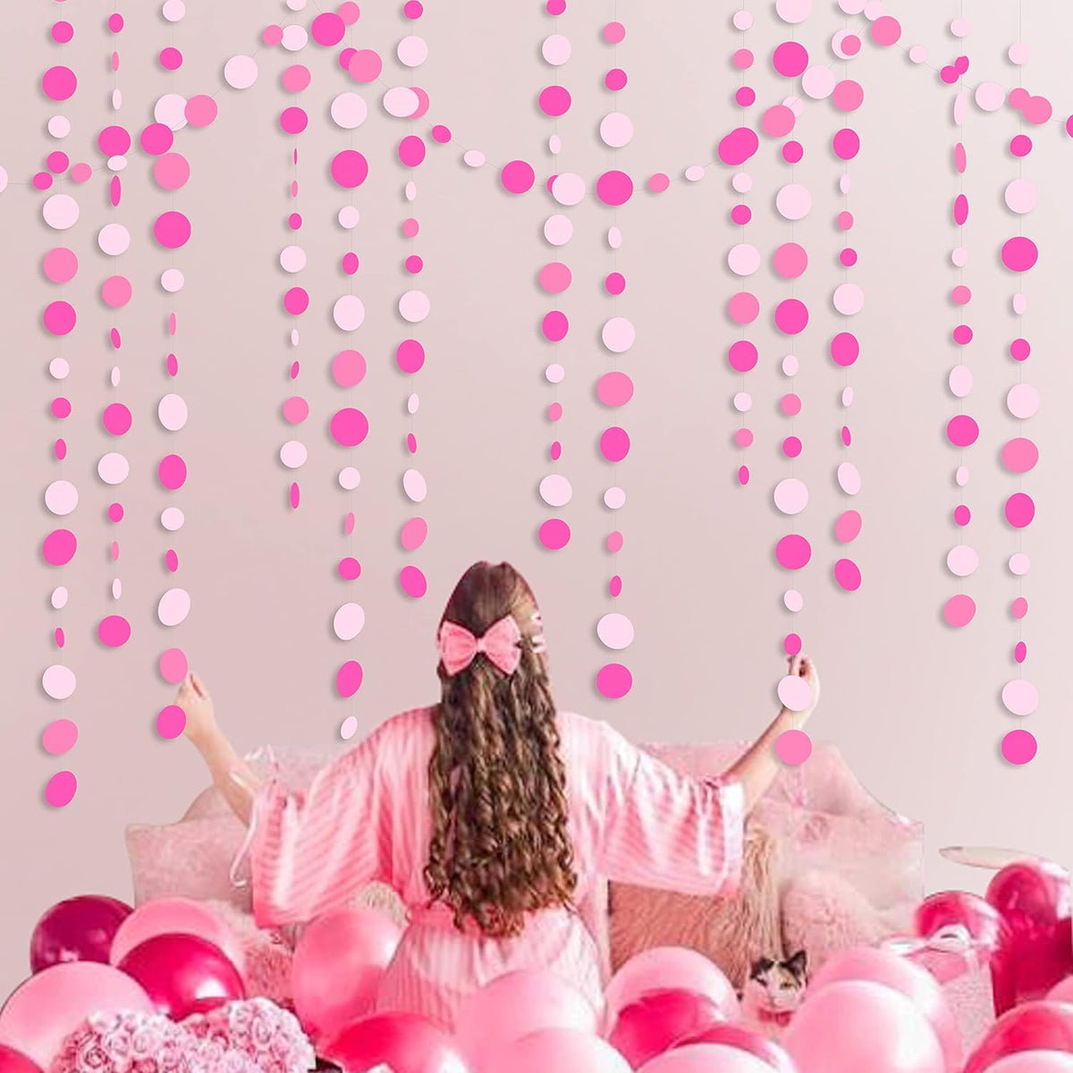 Hot Pink Party Decorations Circle Dots Garland Rose Pink White Hanging Paper Polka Dots Streamer