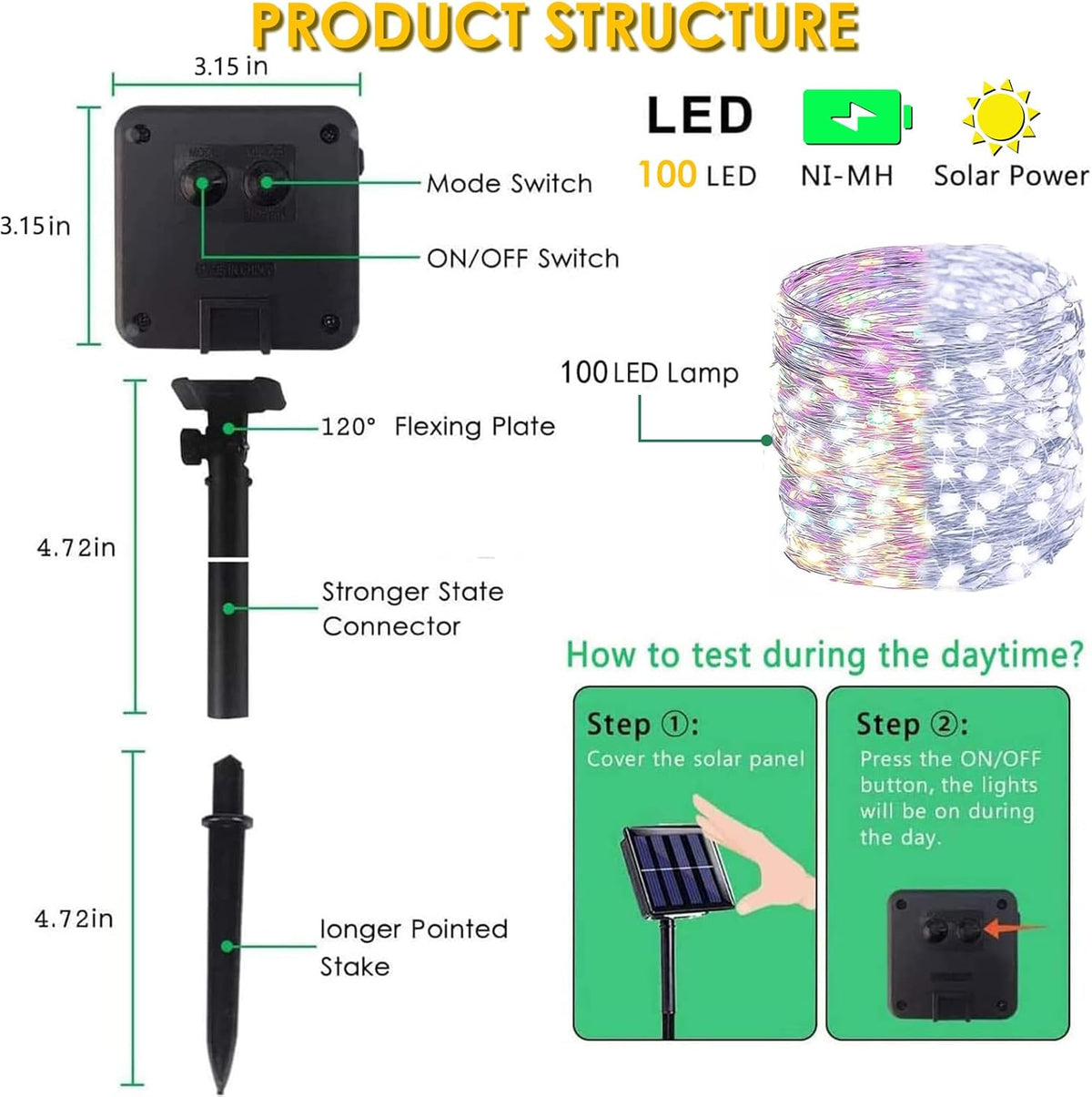 (Cool White ⇋ Multicolor) Solar Christmas String Lights Outdoor, 2-Pack 80FT 200 LED Waterproof