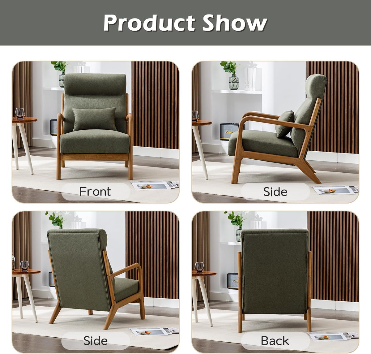 INZOY Mid Century Modern Accent Chair Set of 2, High Back Reading Armchair with Wood Frame