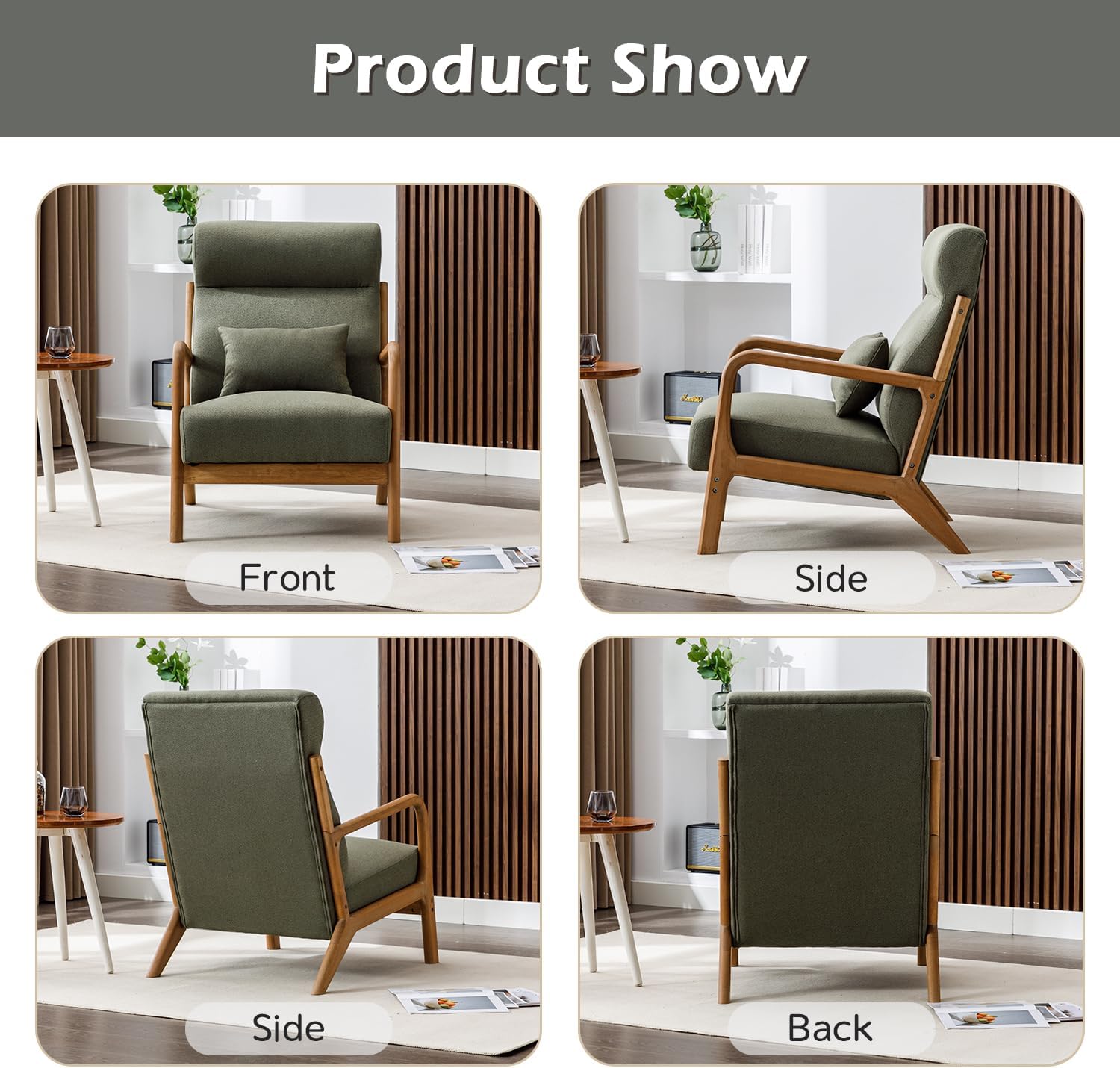 INZOY Mid Century Modern Accent Chair Set of 2, High Back Reading Armchair with Wood Frame