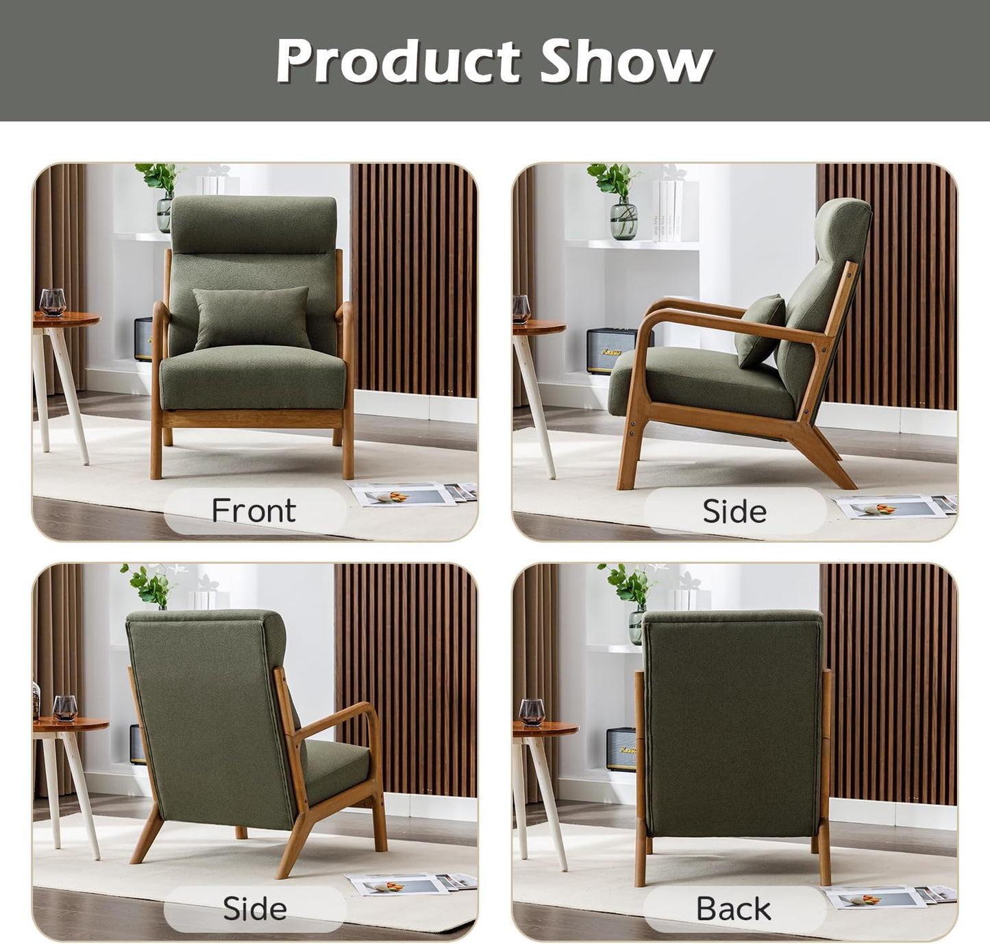 INZOY Mid Century Modern Accent Chair with High Back, Upholstered Living Room Chairs with Waist