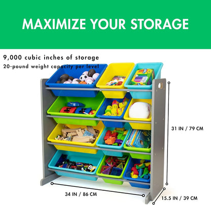 Humble Crew Kids Toy Storage Organizer with 12 Plastic Bins, Grey/Blue/Green/Yellow – Removable