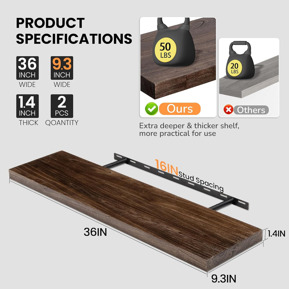 Fun Memories Floating Shelves for Wall, 36"x9.3" Rustic Solid Elm Wood Shelves, Heavy-Duty Wall