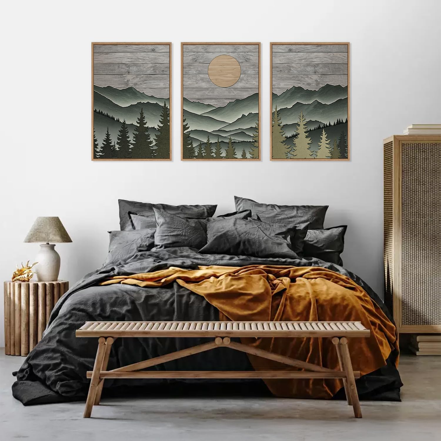 HLNIUC Mountain Framed Canvas Wall Art,Large Green Forest Woodcut Wall Decor Set of