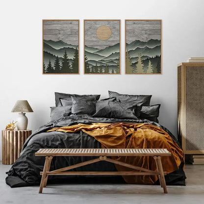 HLNIUC Mountain Framed Canvas Wall Art,Large Green Forest Woodcut Wall Decor Set of