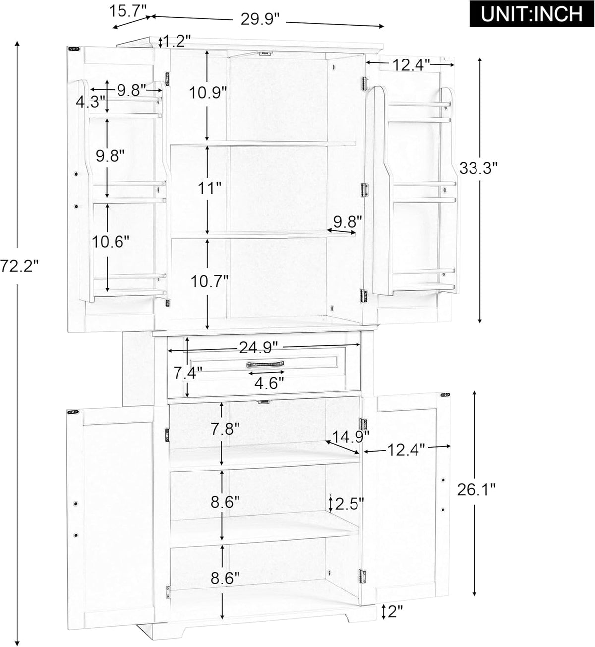 72.2" Tall Storage Cabinet with 4 Doors and Drawer, Freestanding Linen Cabinet, Wooden Pantry with