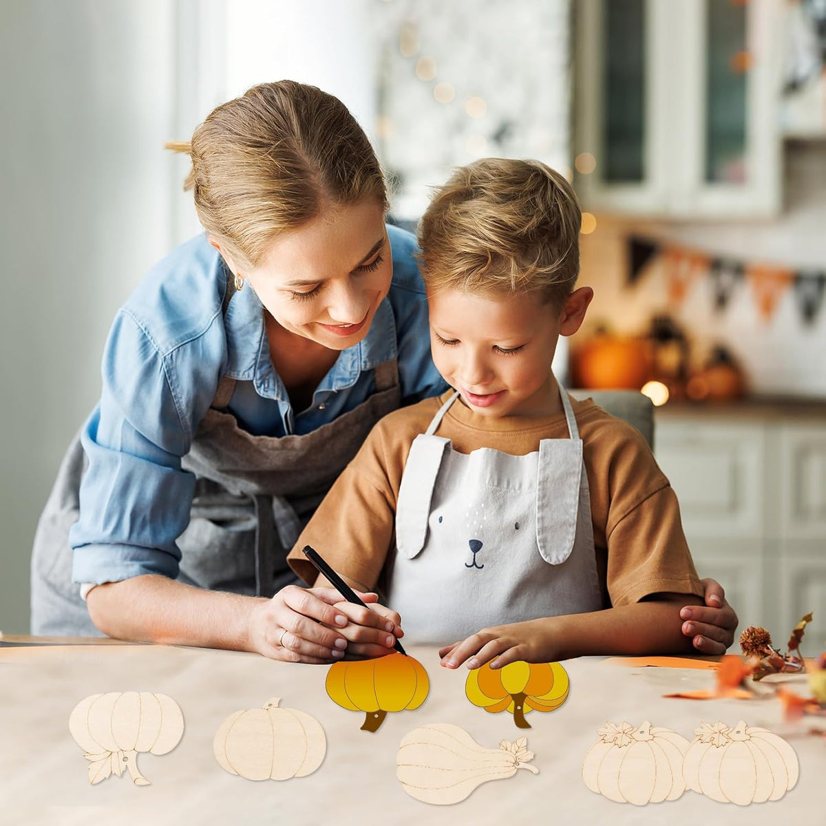 24 PCS Unfinished Wooden Fall Crafts, Pumpkin Shaped Hanging Ornaments DIY Wood Craft Cutouts for