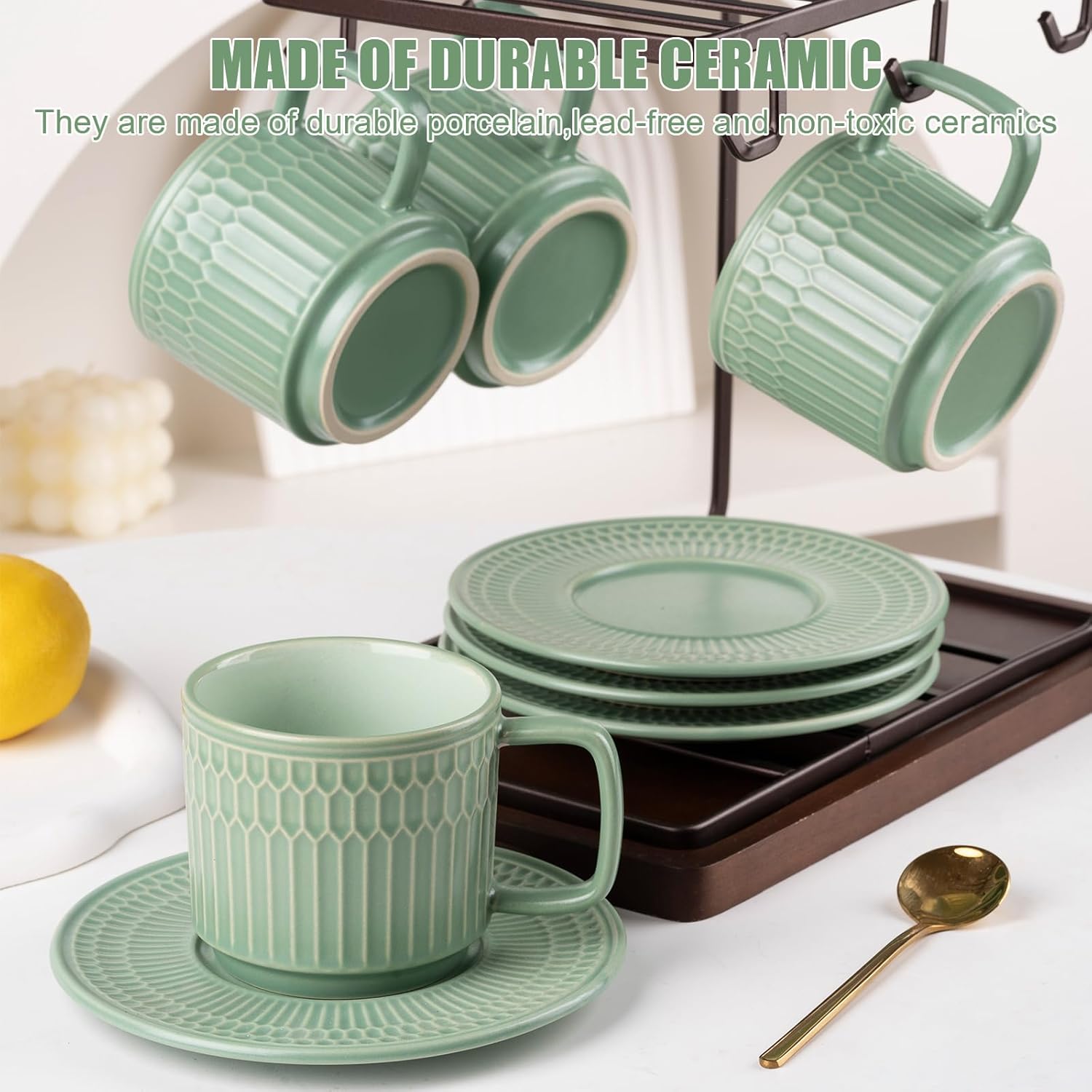 Large Cappuccino Cups with Saucers Set of 4, 8 Ounce Stackable Embossed Ceramic Coffee Mugs for