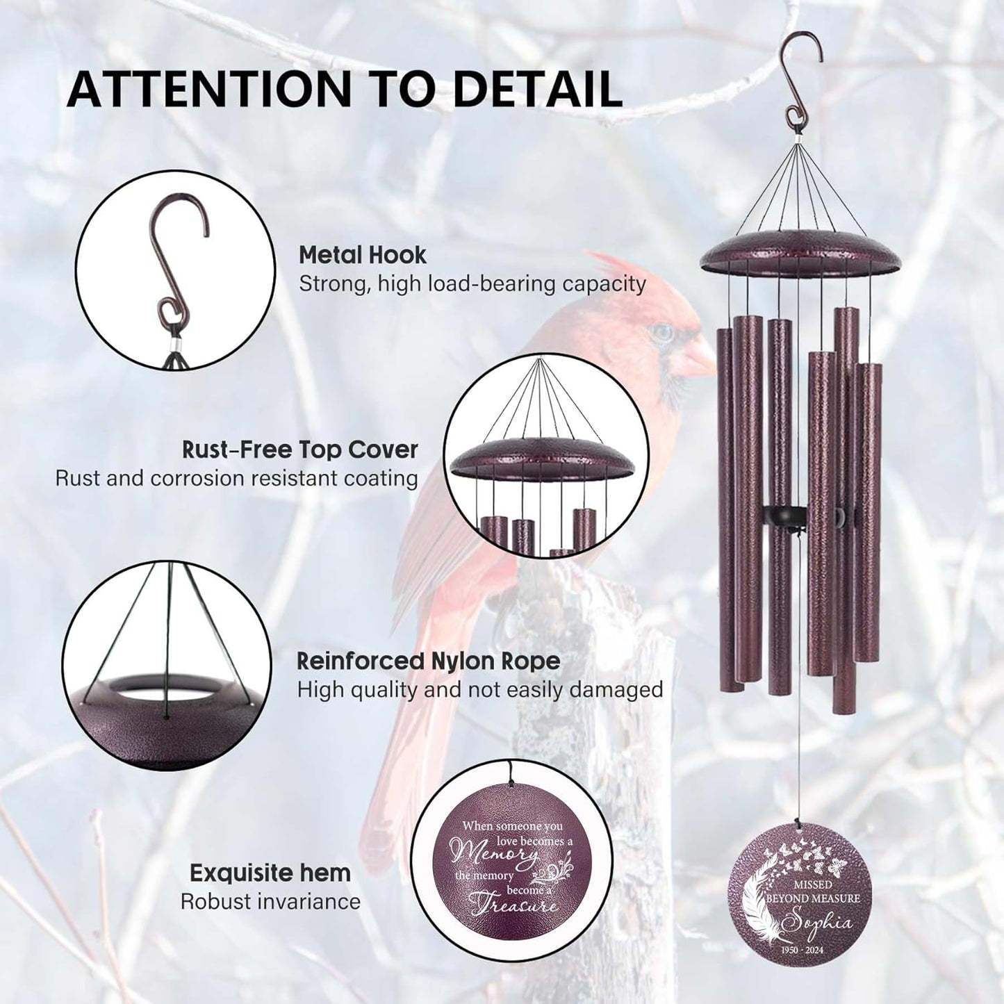 ASTARIN 36" Large Deep Tone Personalized Sympathy Wind Chimes, Memorial Wind Chime for Loss of