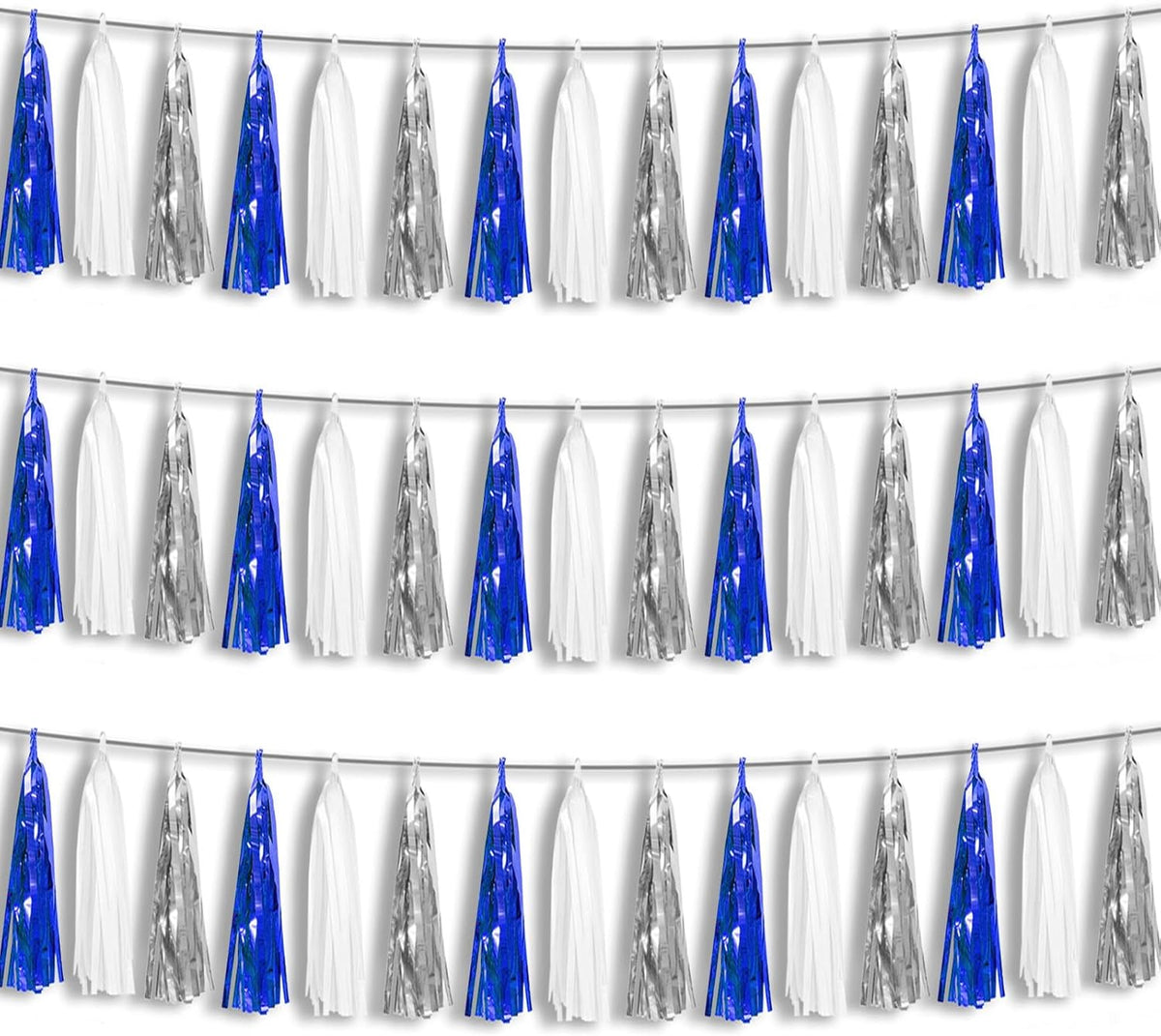 3P Navy-Blue White-Silver Tassel Garland Banner, Tassels Banner Streamers for Parade Floats