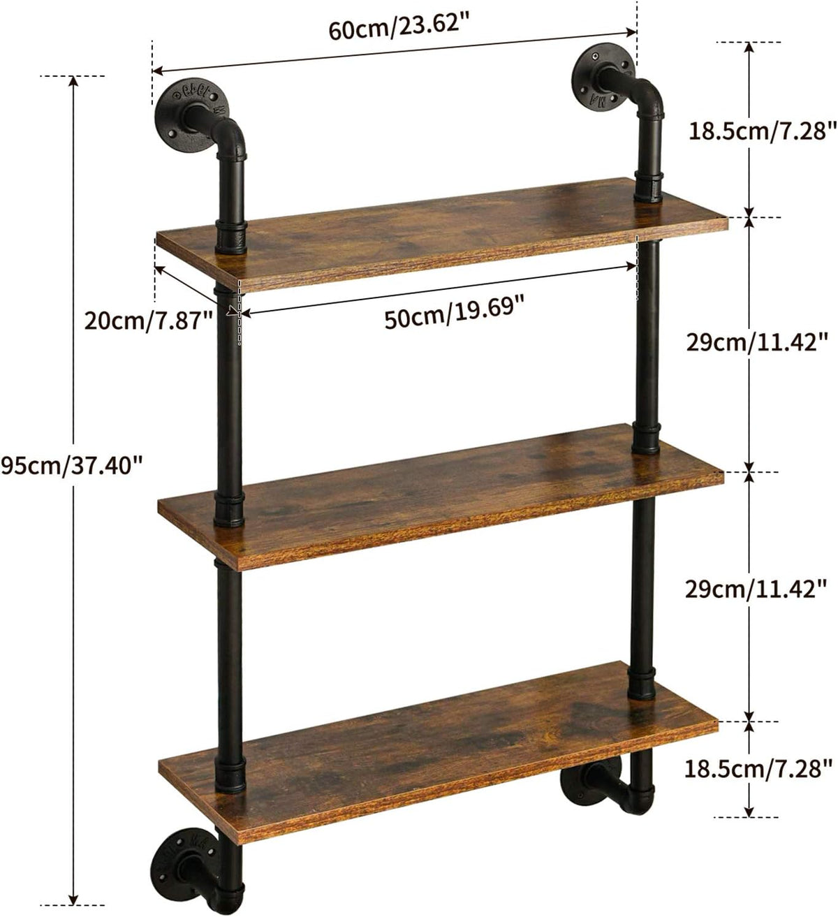 IBUYKE Industrial Pipe Shelves, Pipe Floating Shelves, Rustic Wall Mount Bookcase, 3-Tiers, 23.6"