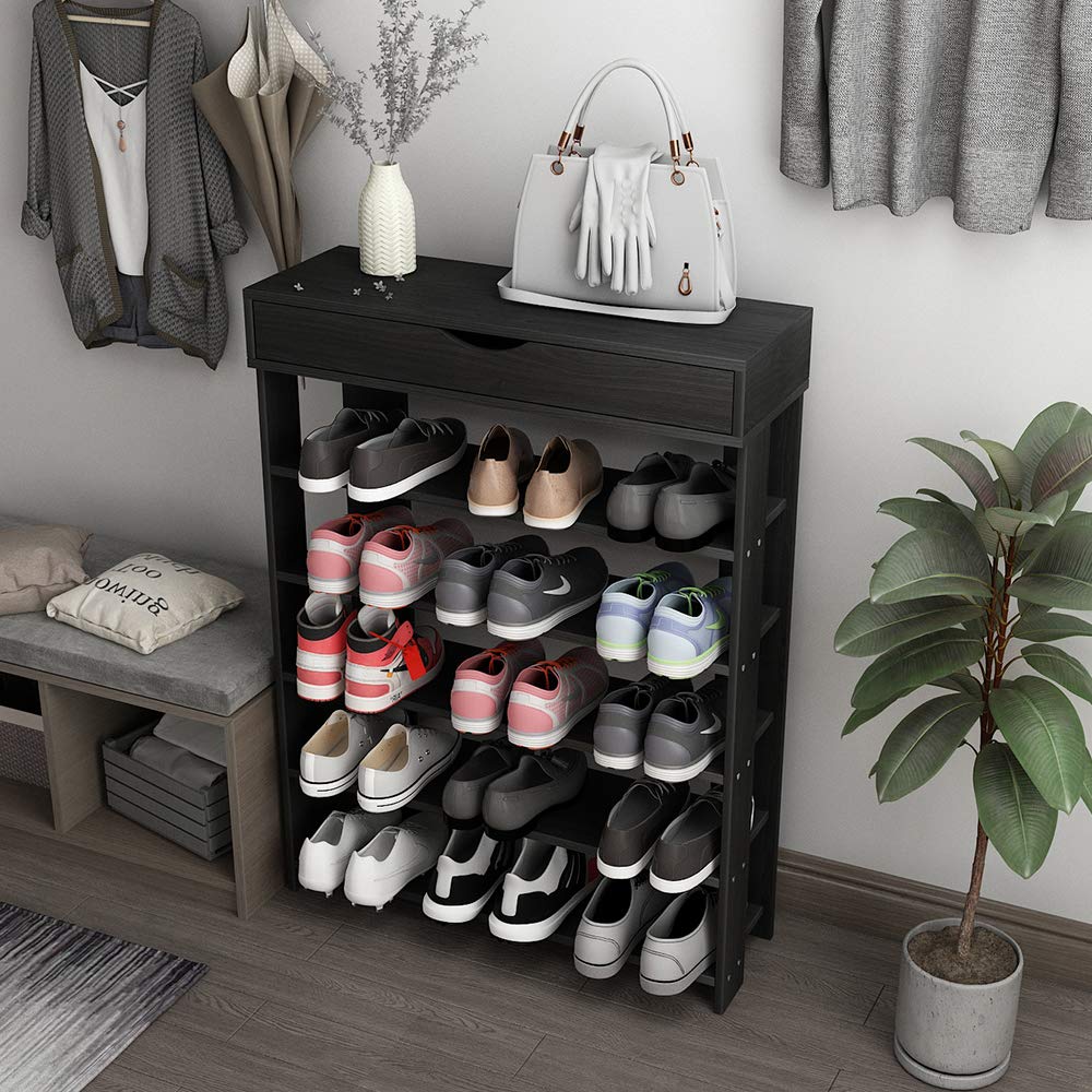 DlandHome Shoe Rack Shoe Storage Cabinet, 5 Tier Shoe Racks, Wooden Shoes Heels Sneakers Storage