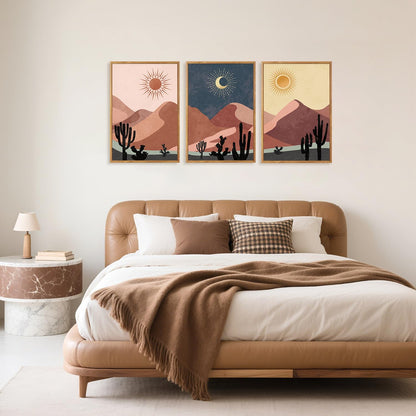 HPNIUB Boho Desert Framed Canvas Wall Art Set, Abstract Sun Moon Art Prints, Modern Cactus