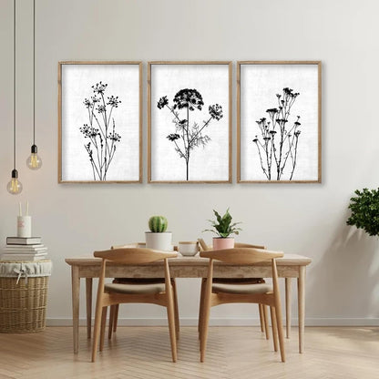Flower Plant Wall Art Decor 16"x11" Set of 3 Black And White Botanical Painting Wood Framed For