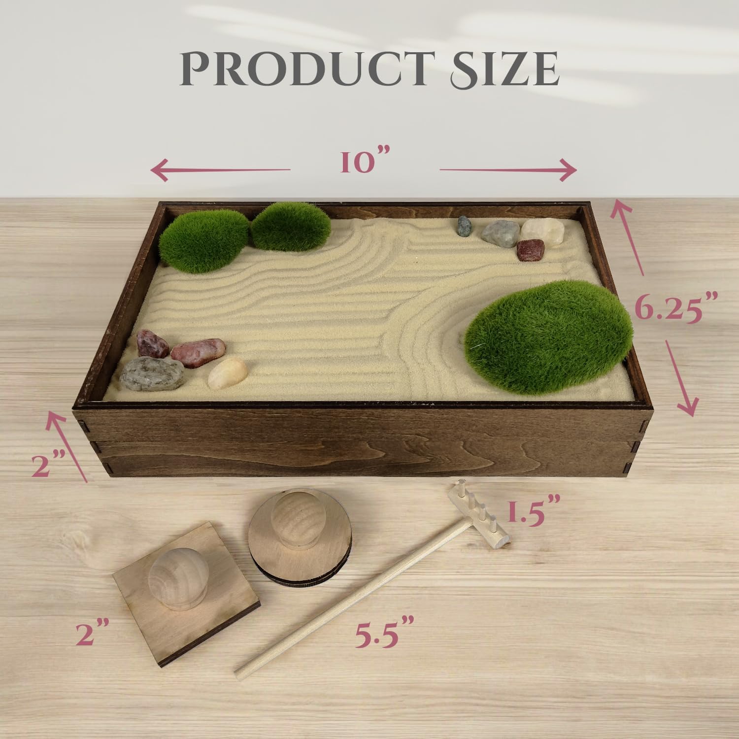Wooden Stackable Zen Garden | Desert Luxe Sand with Rake & Accessories | Minimalist Decor Gift for