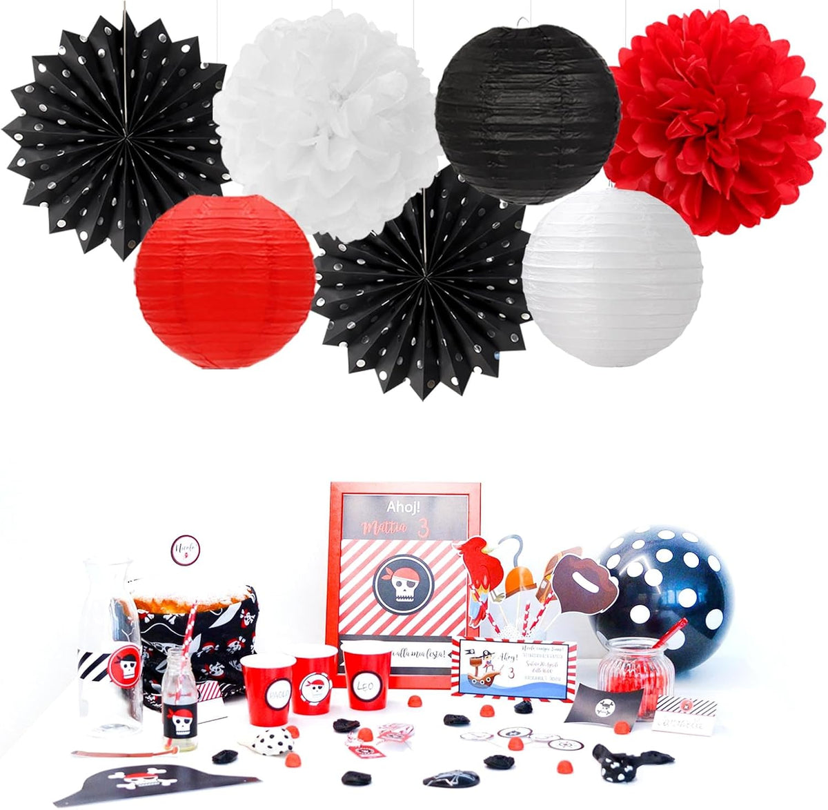 Black White-Red Party-Decorations Streamers Lanterns - 14pcs Birthday Graduation 2025 Paper