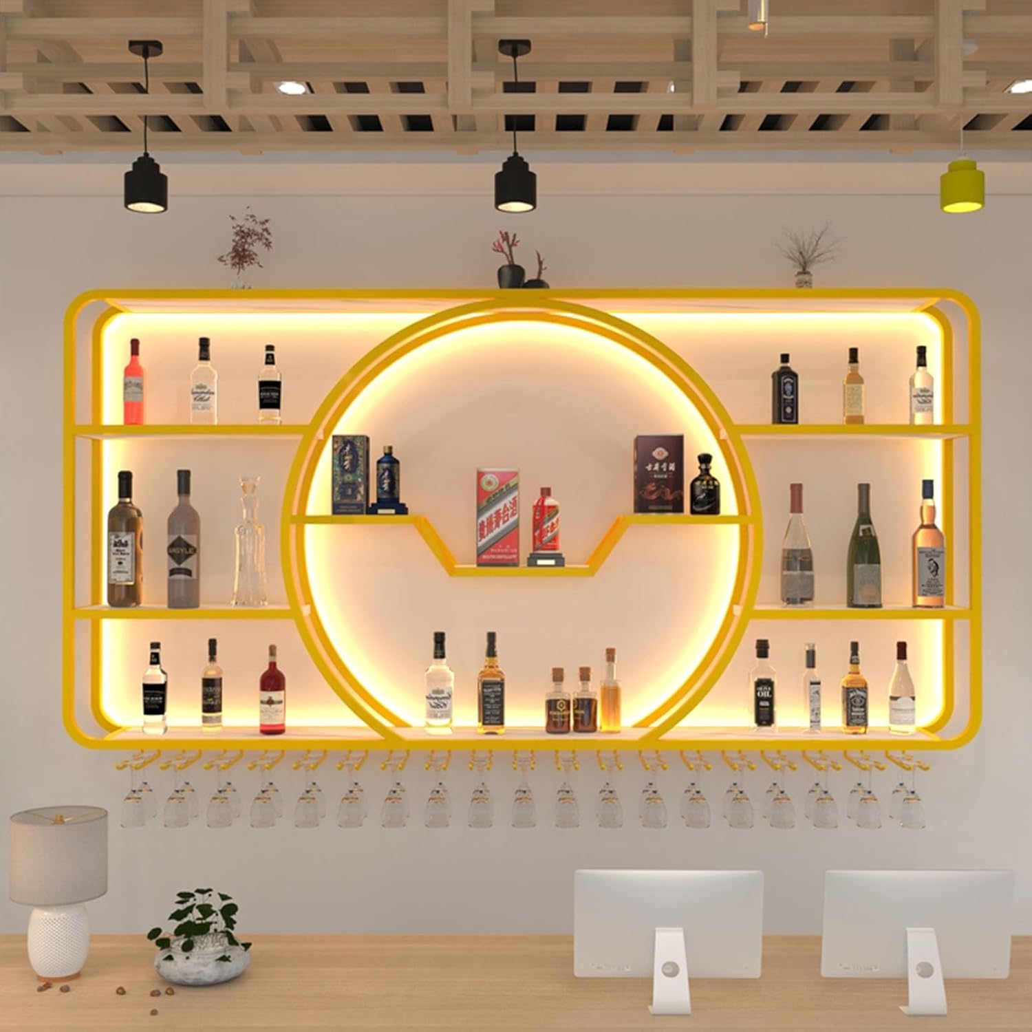 3-Tiers Metal Wine Rack Wall Mounted Modern With LED Light With Wine Glass Holder Large Liquor Bar