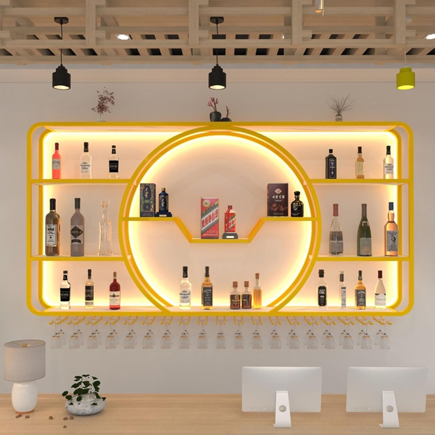 3-Tiers Metal Wine Rack Wall Mounted Modern With LED Light With Wine Glass Holder Large Liquor Bar