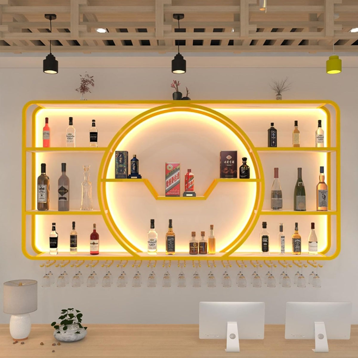 3-Tiers Metal Wine Rack Wall Mounted Modern With LED Light With Wine Glass Holder Large Liquor Bar