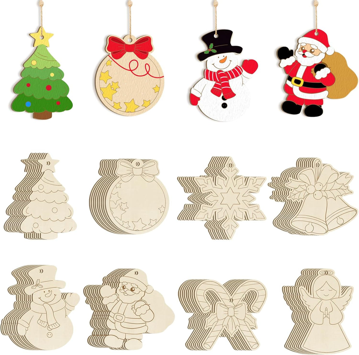 80PCS Wooden Christmas Ornaments to Paint, 8 Styles DIY Blank Unfinished Wood Reindeer Santa Claus