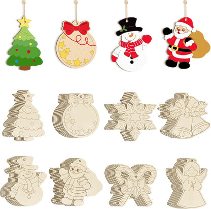 80PCS Wooden Christmas Ornaments to Paint, 8 Styles DIY Blank Unfinished Wood Reindeer Santa Claus