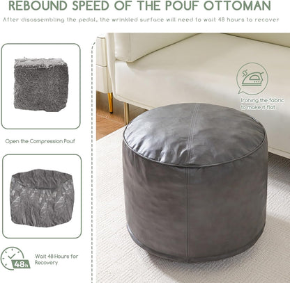HIGOGOGO Round Stuffed Pouf Ottoman, Pu Leather Poufs with Foam Chunk Filling Foot Stool Storage
