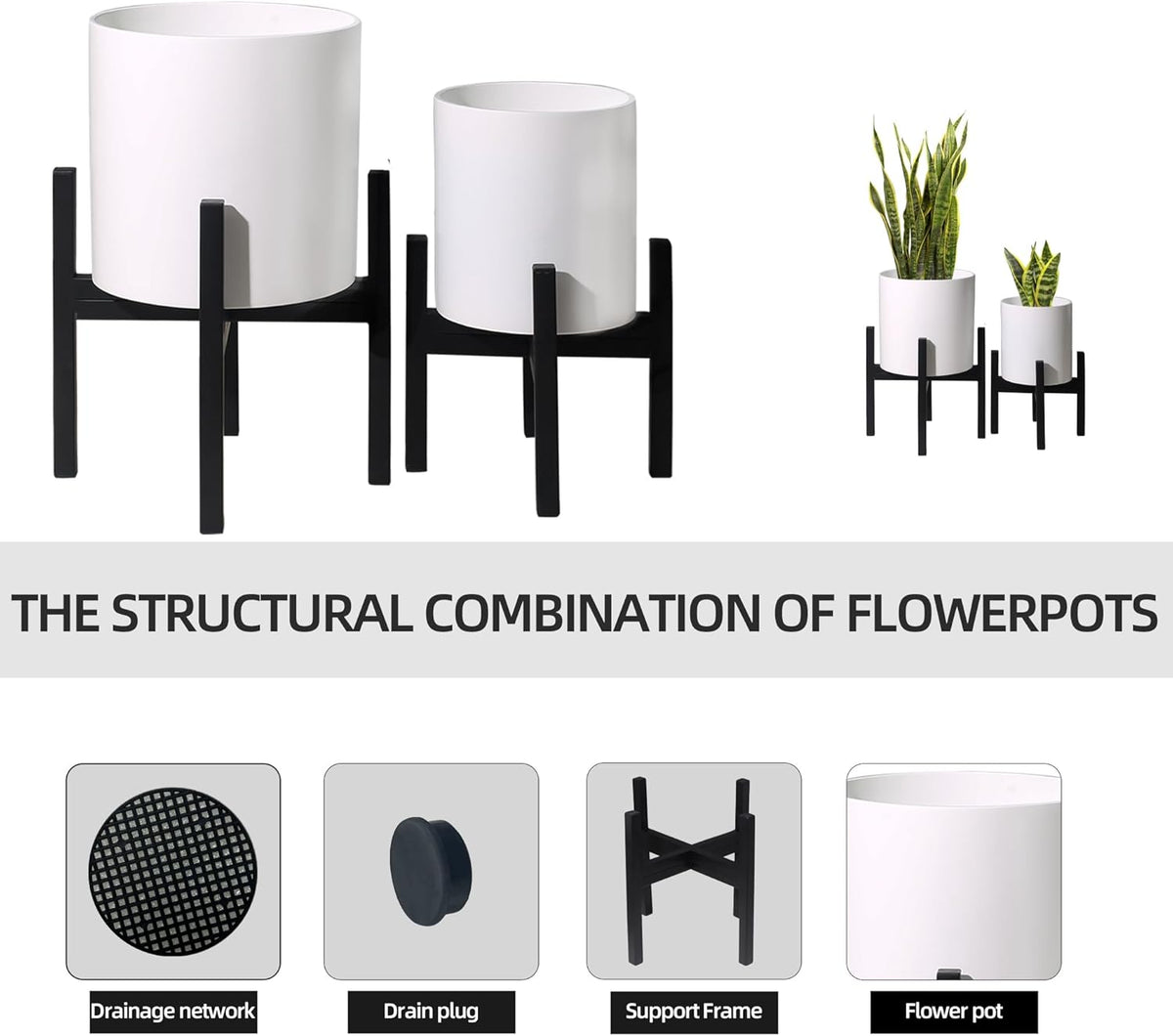 Plant Pot with Stands Set of 2, Mid Century Planters for Indoor Plants Modern Decorative Flower