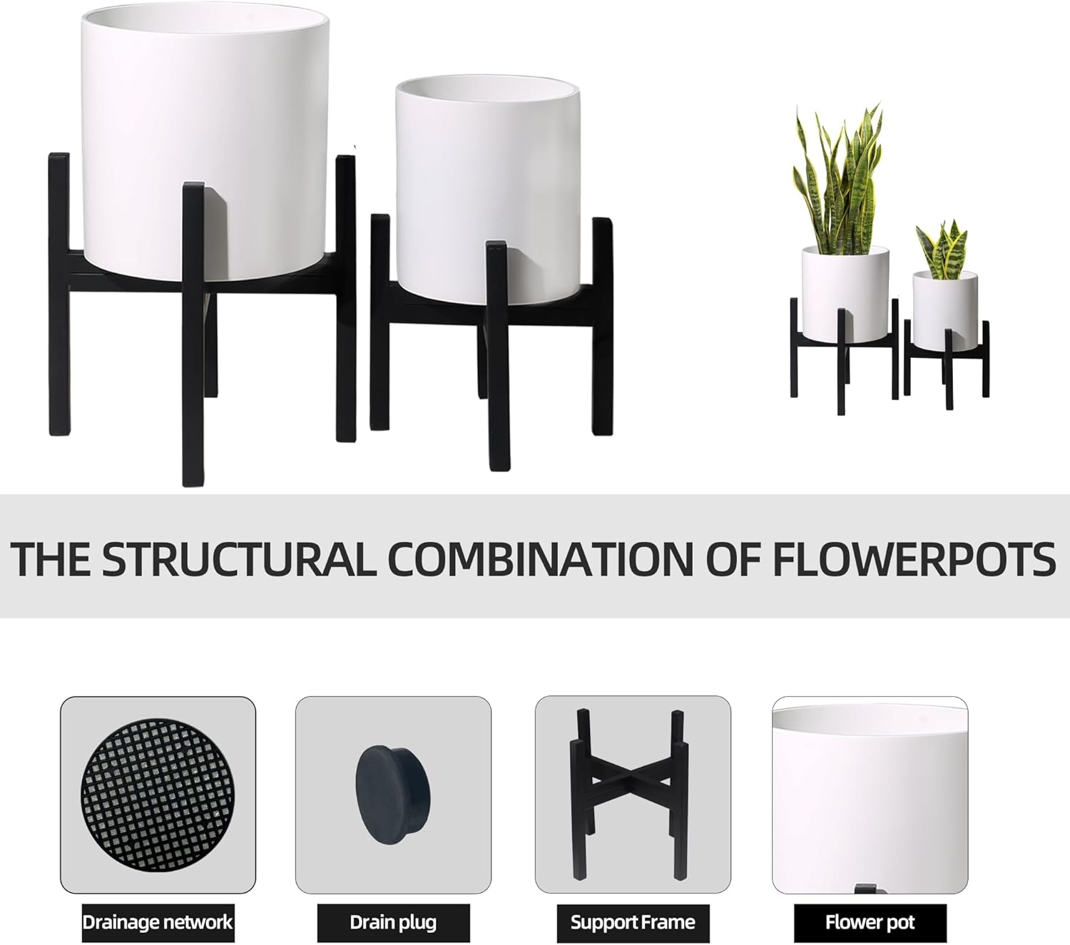 Plant Pot with Stands Set of 2, Mid Century Planters for Indoor Plants Modern Decorative Flower