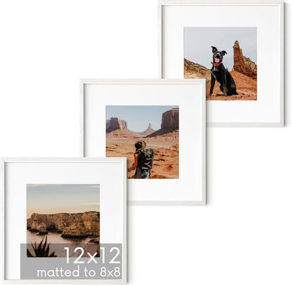 HAUS AND HUES Solid Oak Wood 12”x12” Picture Frames Matted to 8”x8” Set of 3 - Square White Frames