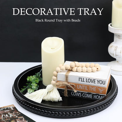Round Black Wood Serving Tray with Beads, Wooden Decorative Tray for Entertaining, Decoration, and
