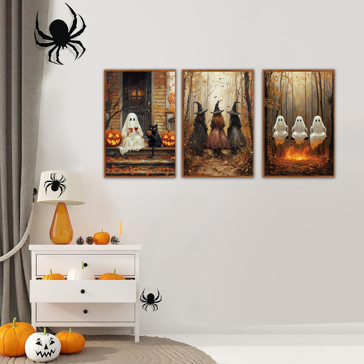 HLNIUC Framed Halloween Canvas Wall Art,Dark Witch Crow Raven Prints,Black Cat Decor,Horror Gothic
