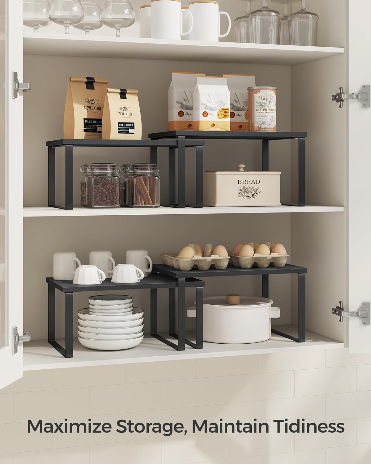 SONGMICS Cabinet Organizer Shelf, Set of 2 Kitchen Counter Shelves, Kitchen Storage, Spice Rack