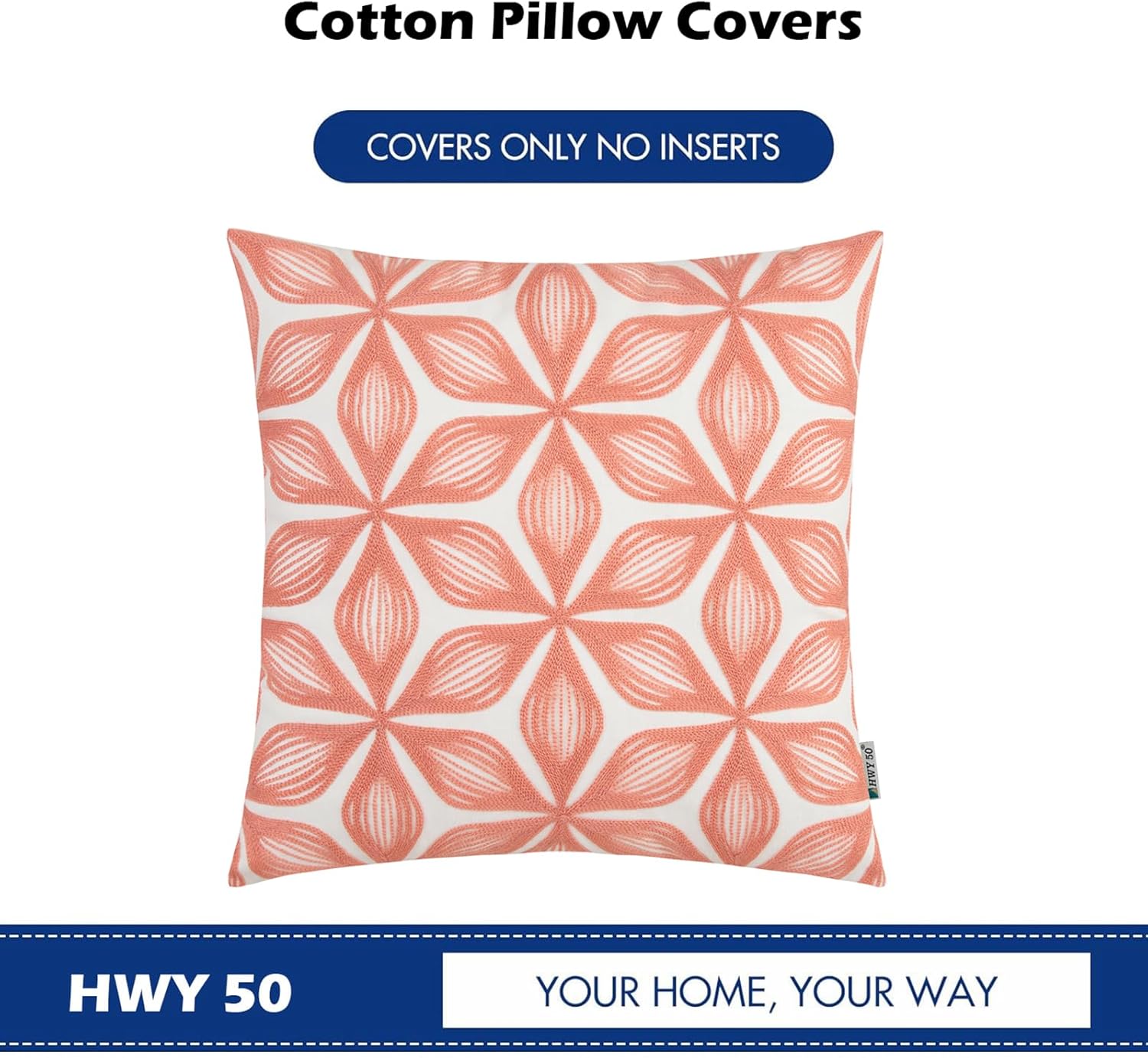 HWY 50 Coral Pink Decorative Throw Pillow Covers 18x18 Inch (1 Piece), Embroidered Cotton Farmhouse