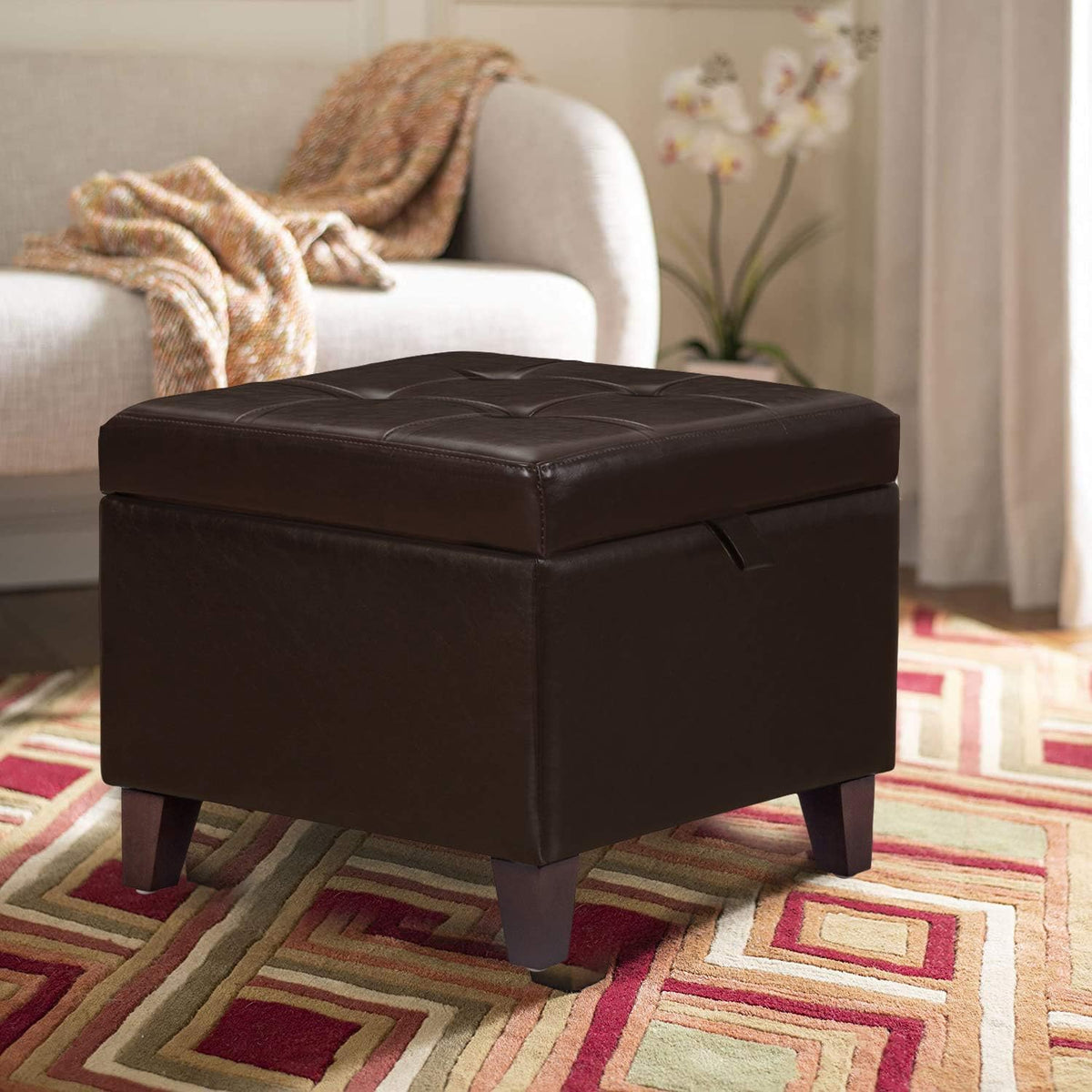 Adeco 15.2" Modern Brown Faux Leather Storage Ottoman with Tufted Flip Top for Living Room, Tufted