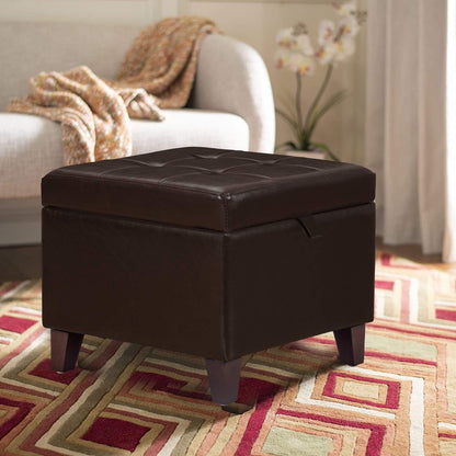 Adeco 15.2" Modern Brown Faux Leather Storage Ottoman with Tufted Flip Top for Living Room, Tufted