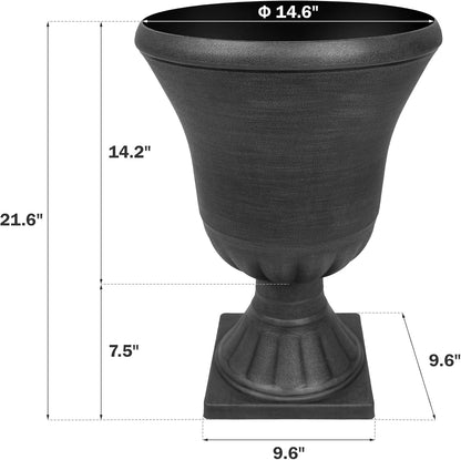 Worth Garden 2-Pack Plastic Urn Planters for Outdoor Plants, 22'' Black Tall Round Classic Resin