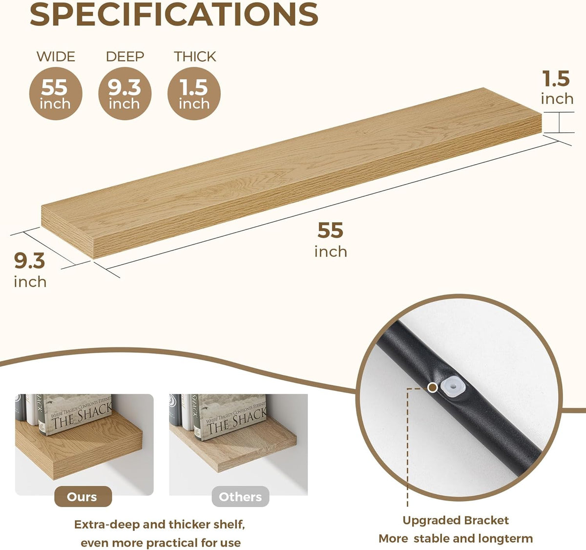 Dreamland 55 Inches Floating Shelves for Wall, 9.3" Deep Long Floating Shelves Set of 1, Large