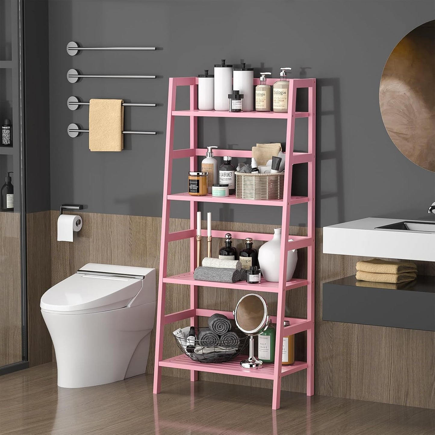 Homykic Bamboo Ladder Bookshelf, 4-Tier Ladder Shelf Open Book Shelf Freestanding Bookcase Bathroom