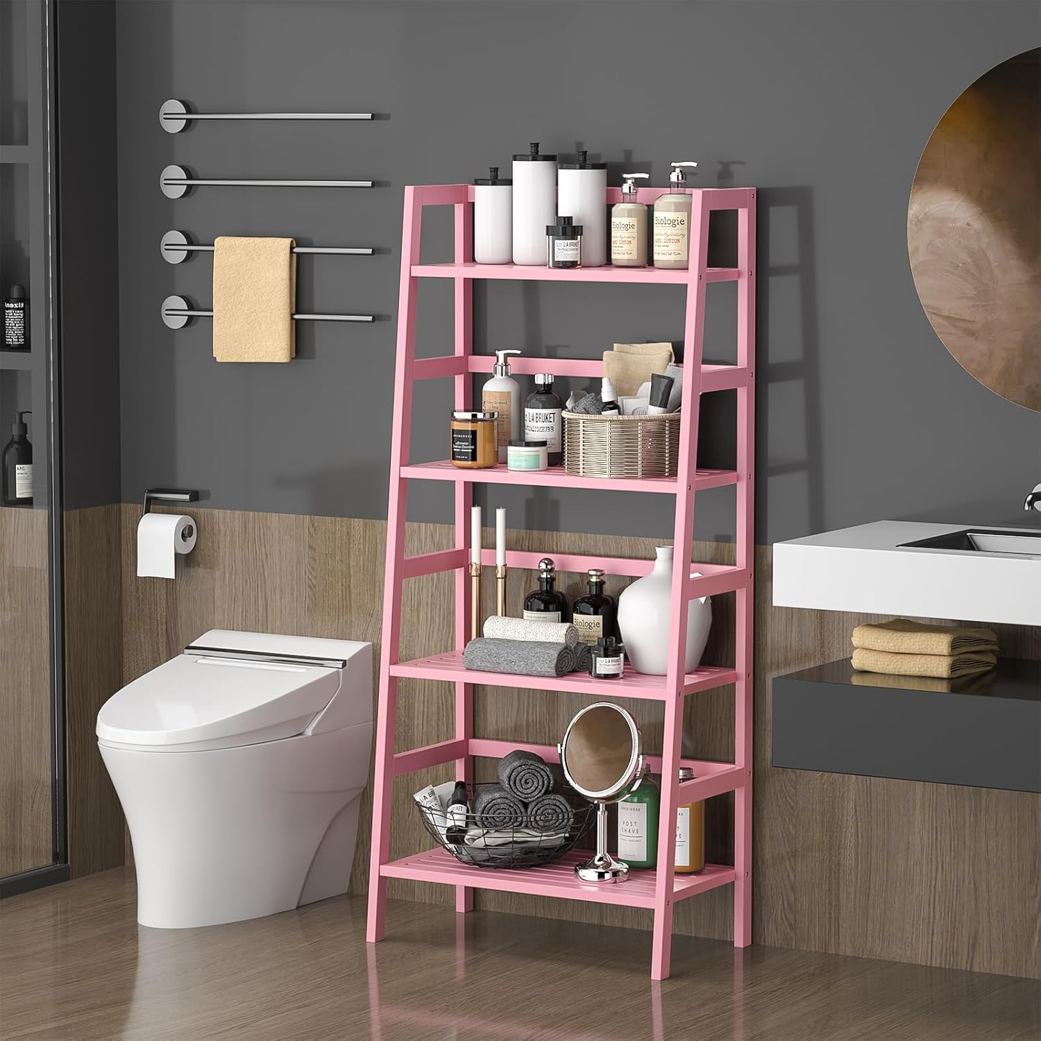 Homykic Bamboo Ladder Bookshelf, 4-Tier Ladder Shelf Open Book Shelf Freestanding Bookcase Bathroom