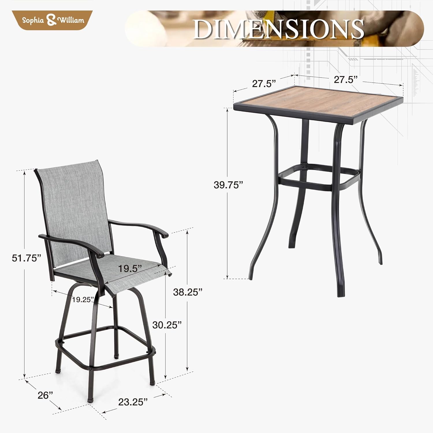 Sophia & William Outdoor Bar Set, Patio Bar Table and Chairs Set, Bar Height Patio Set - 2 x Swivel