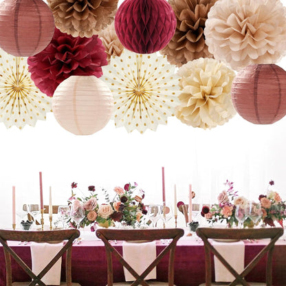 Brown Burgundy Champagne Boho Party-Decorations - 14pcs Rustic Wedding Paper Lanterns Fan,Tissue