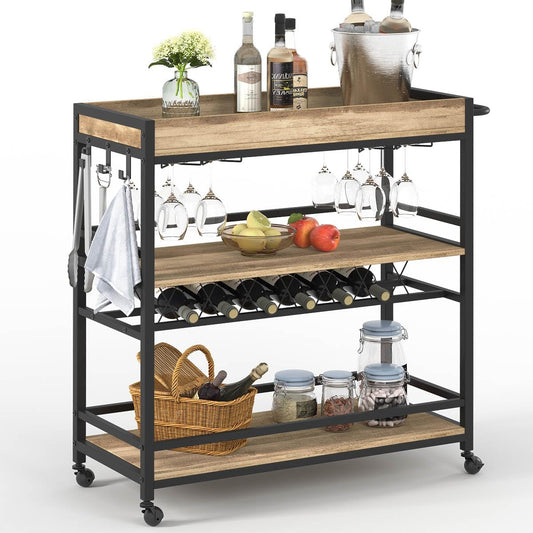 BON AUGURE Bar Cart for The Home, Bar Serving Carts on Wheels, 3 Tier Storage Drink Trolley