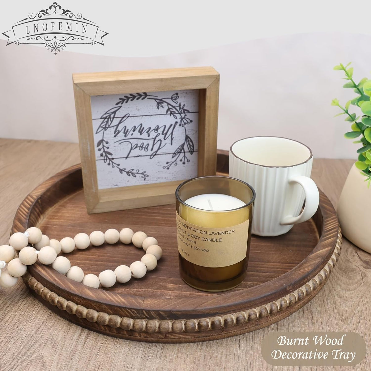 Round Burnt Wood Serving Tray with Beads, Wooden Decorative Tray for Entertaining, Decoration, and