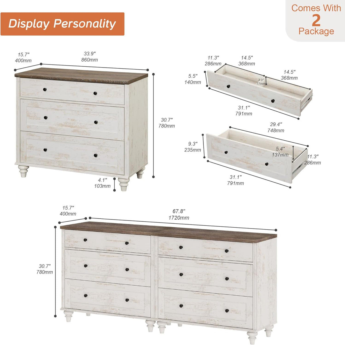 WAMPAT Kids Dresser for Bedroom with 6 Drawers, Baby Dressers with Wide Chest of Drawers, Farmhouse