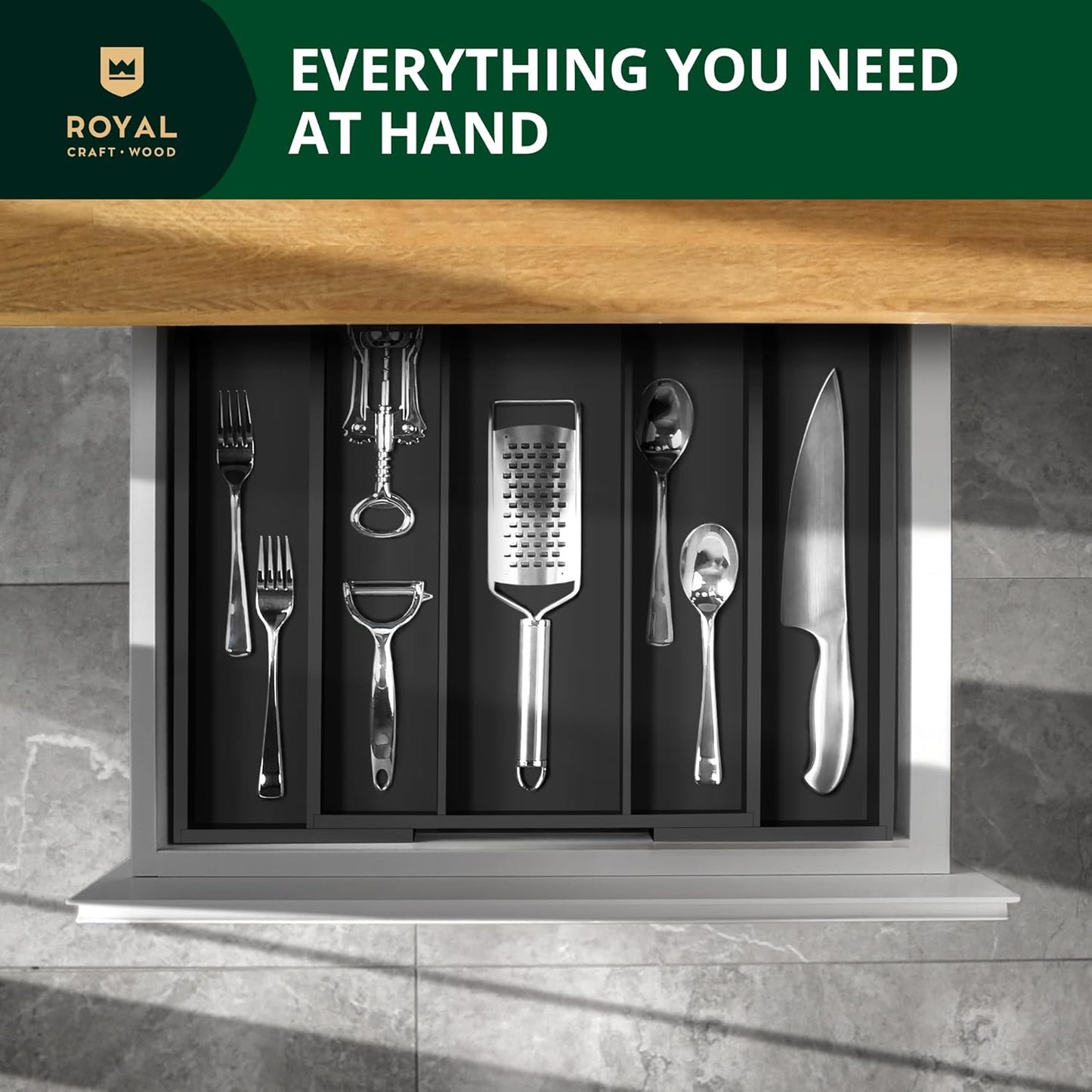 ROYAL CRAFT WOOD Luxury Bamboo Kitchen Drawer Organizer - Silverware Organizer - Utensil Holder and