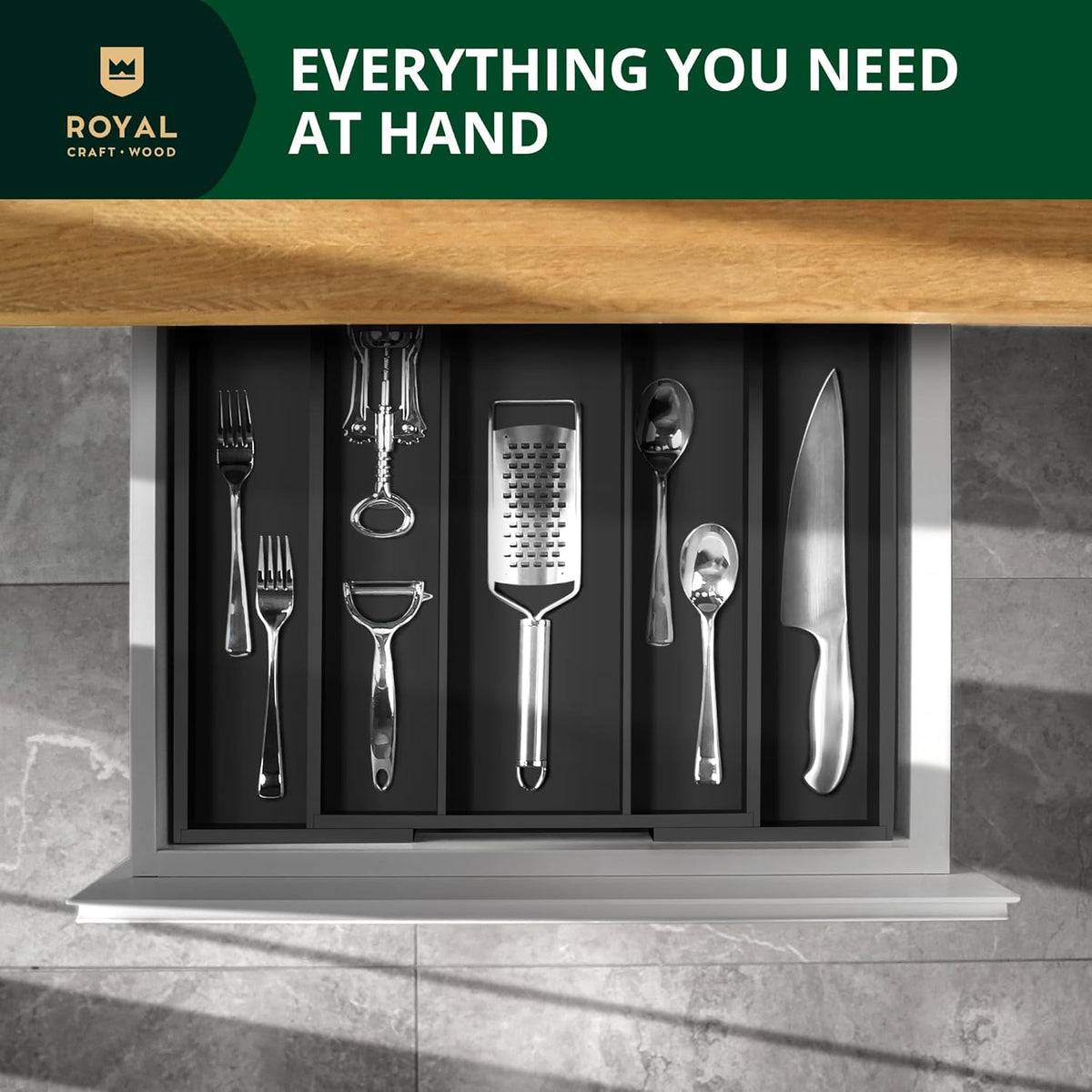 ROYAL CRAFT WOOD Luxury Bamboo Kitchen Drawer Organizer - Silverware Organizer - Utensil Holder and