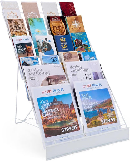 Displays2go Wire Magazine Rack with 6 Open Tiers, Holds Both Magazines and Brochures, Includes Sign