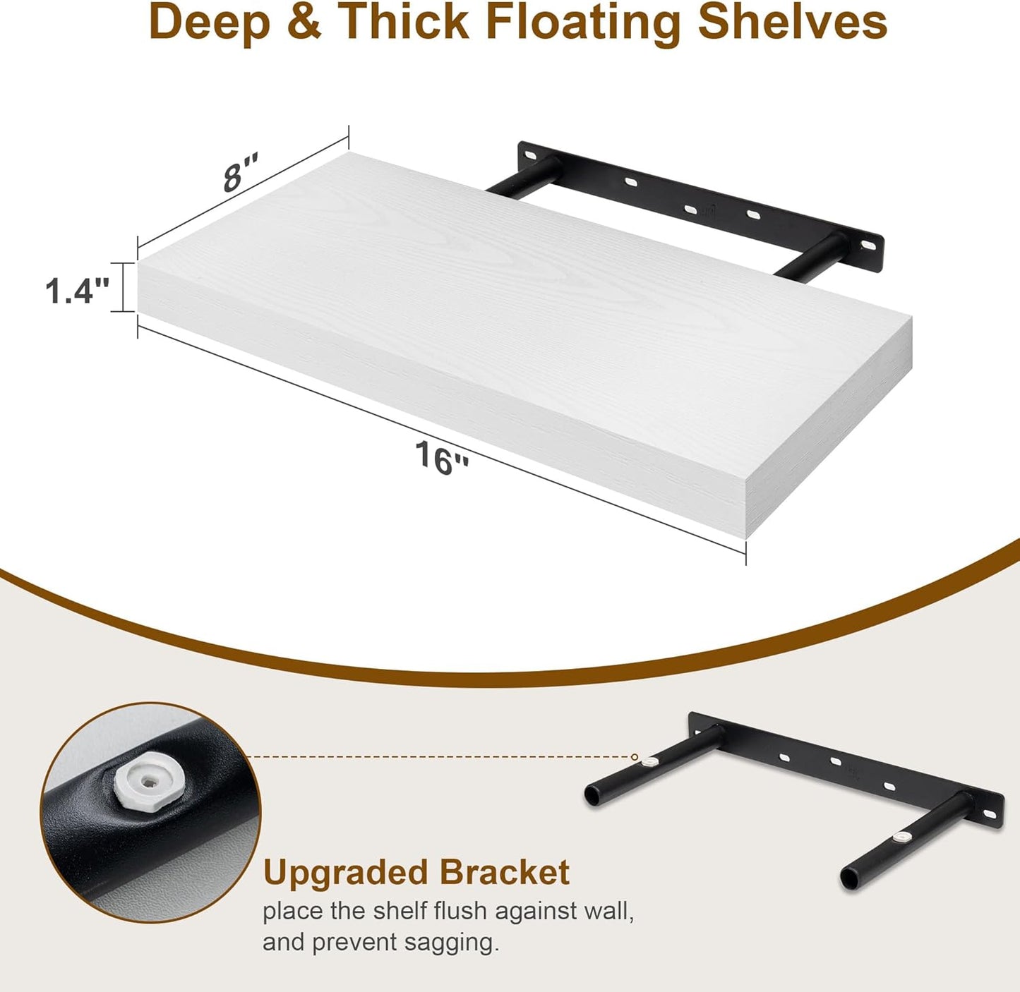 Fun Memories White Floating Shelves 16 Inch Long, 8 Deep Floating Shelf Wall Mounted, 16 x 8 Inch