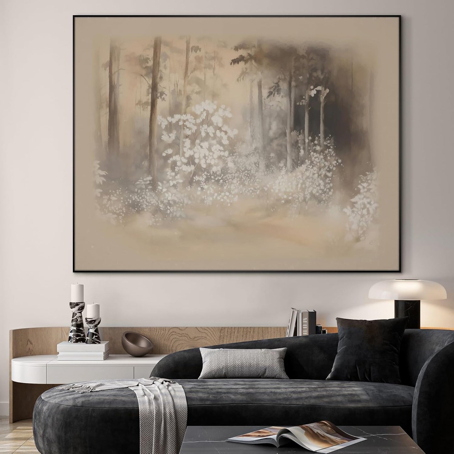 SIGNWIN 36"x46" Extra Large Framed Wall Art Misty Forest in Sepia Tones, Watercolor Woodland